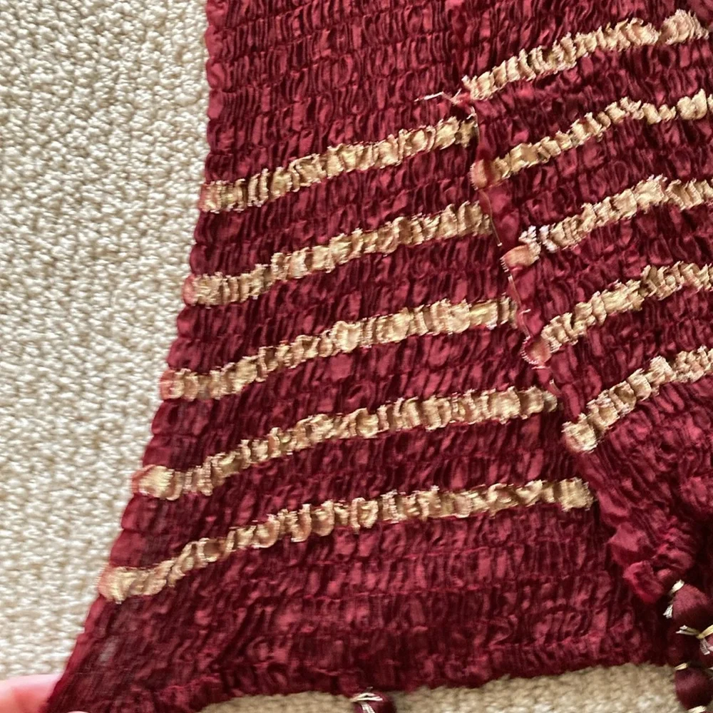 Anthropologie Smocked Ruched Tassel Fringe Scarf Luxurious Deep Wine Red VEUC